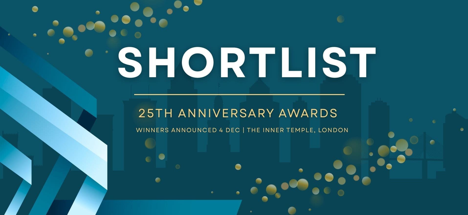 Teal and gold anniversary awards graphic with "SHORTLIST" text, city skyline silhouette, and event details for December 4 at The Inner Temple, London.