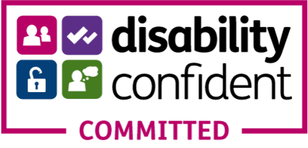 Four colored icons representing people, checkmarks, a lock, and a speaker, with the word "Committed" below in bold pink text.